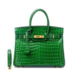 Glossy Croc - Texture Leather Satchel – Structured Designer - Inspired Handbag with Gold Accents - in Olive green | Arvea Bags