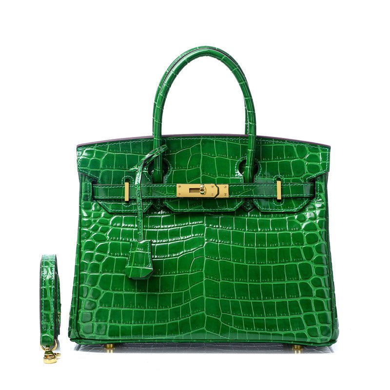 Glossy Croc - Texture Leather Satchel – Structured Designer - Inspired Handbag with Gold Accents - in Olive green | Arvea Bags