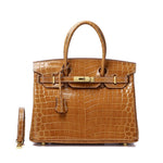 Glossy Croc - Texture Leather Satchel – Structured Designer - Inspired Handbag with Gold Accents - in Orange | Arvea Bags