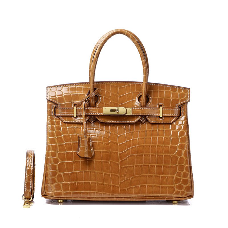 Glossy Croc - Texture Leather Satchel – Structured Designer - Inspired Handbag with Gold Accents - in Orange | Arvea Bags