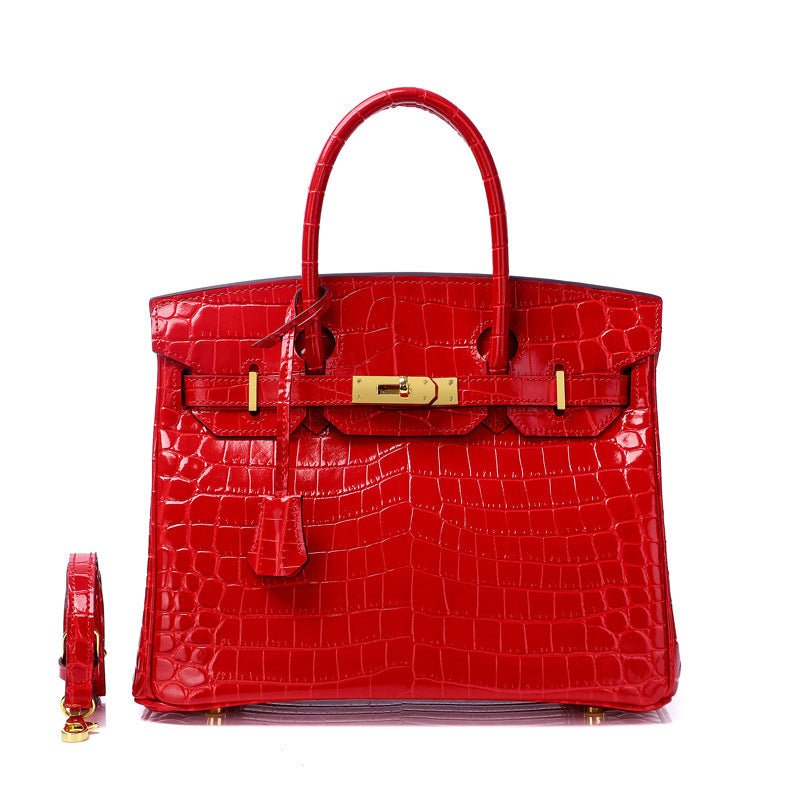 Glossy Croc - Texture Leather Satchel – Structured Designer - Inspired Handbag with Gold Accents - in Red | Arvea Bags