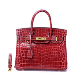 Glossy Croc - Texture Leather Satchel – Structured Designer - Inspired Handbag with Gold Accents - in Wine Red | Arvea Bags