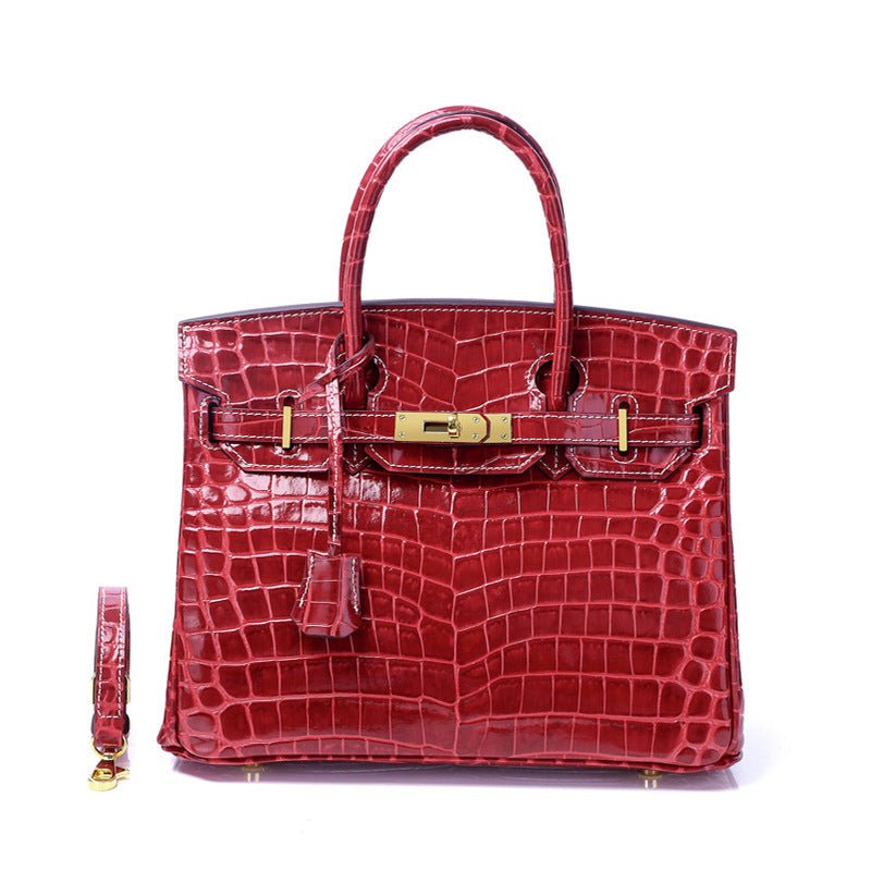 Glossy Croc - Texture Leather Satchel – Structured Designer - Inspired Handbag with Gold Accents - in Wine Red | Arvea Bags