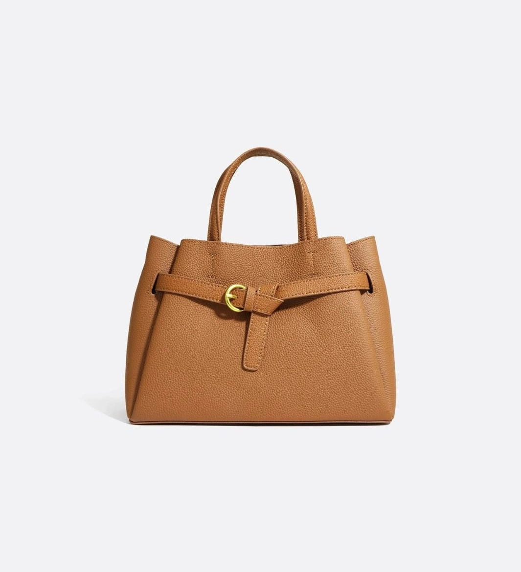 Grained Leather Handbag – Structured Mini Tote with Belt Detail - in Camel | Arvea Bags