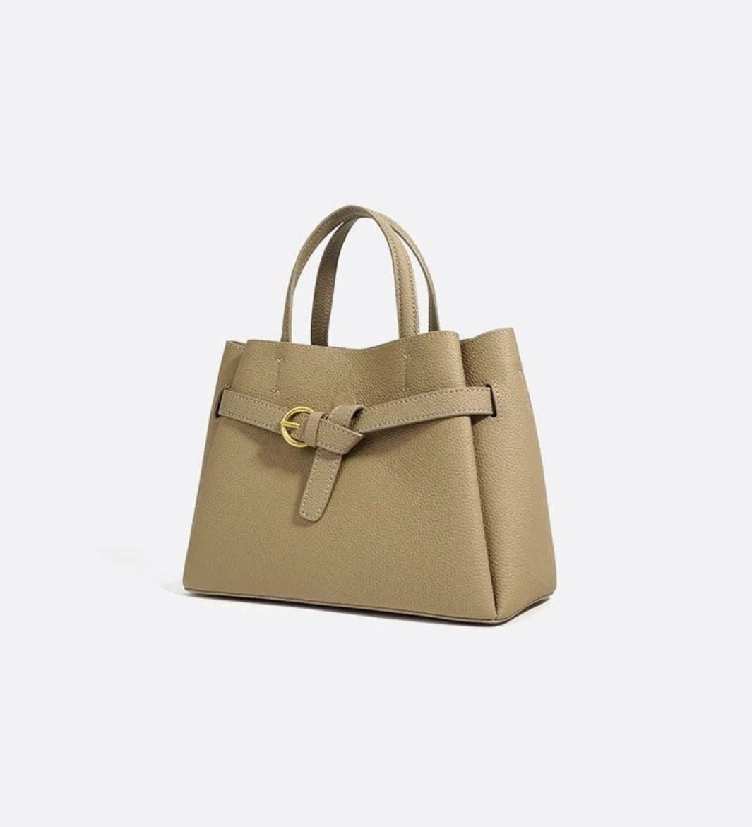 Grained Leather Handbag – Structured Mini Tote with Belt Detail - in Taupe | Arvea Bags