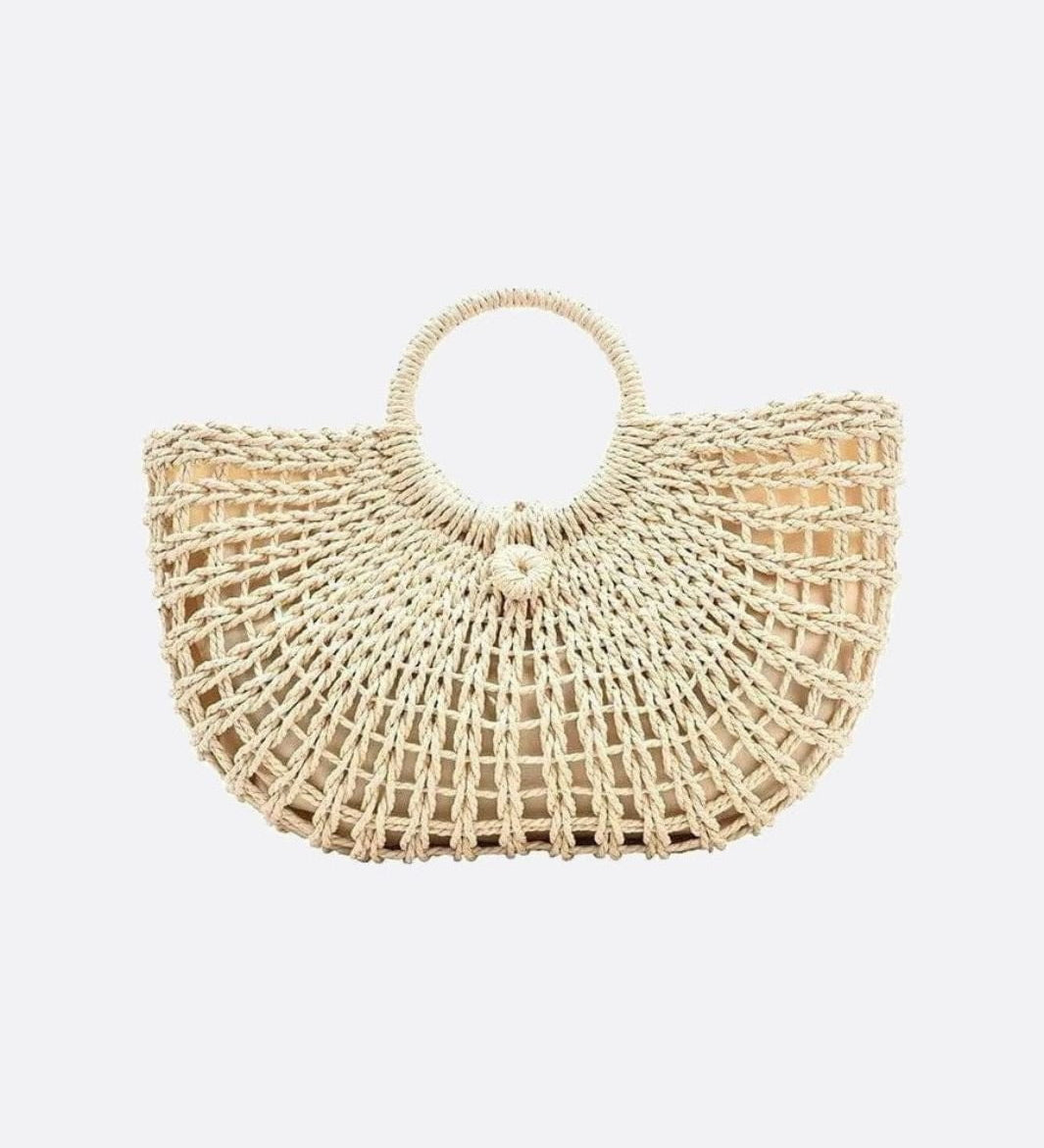 Handwoven Fan - Shaped Tote Bag – Round Handle Beach Basket - in Beige | Arvea Bags