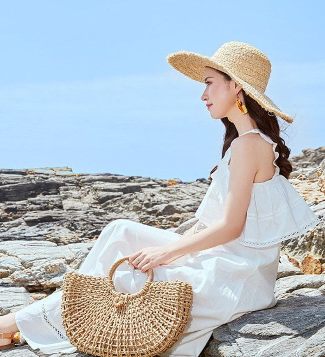 Handwoven Fan - Shaped Tote Bag – Round Handle Beach Basket - in Light Brown | Arvea Bags