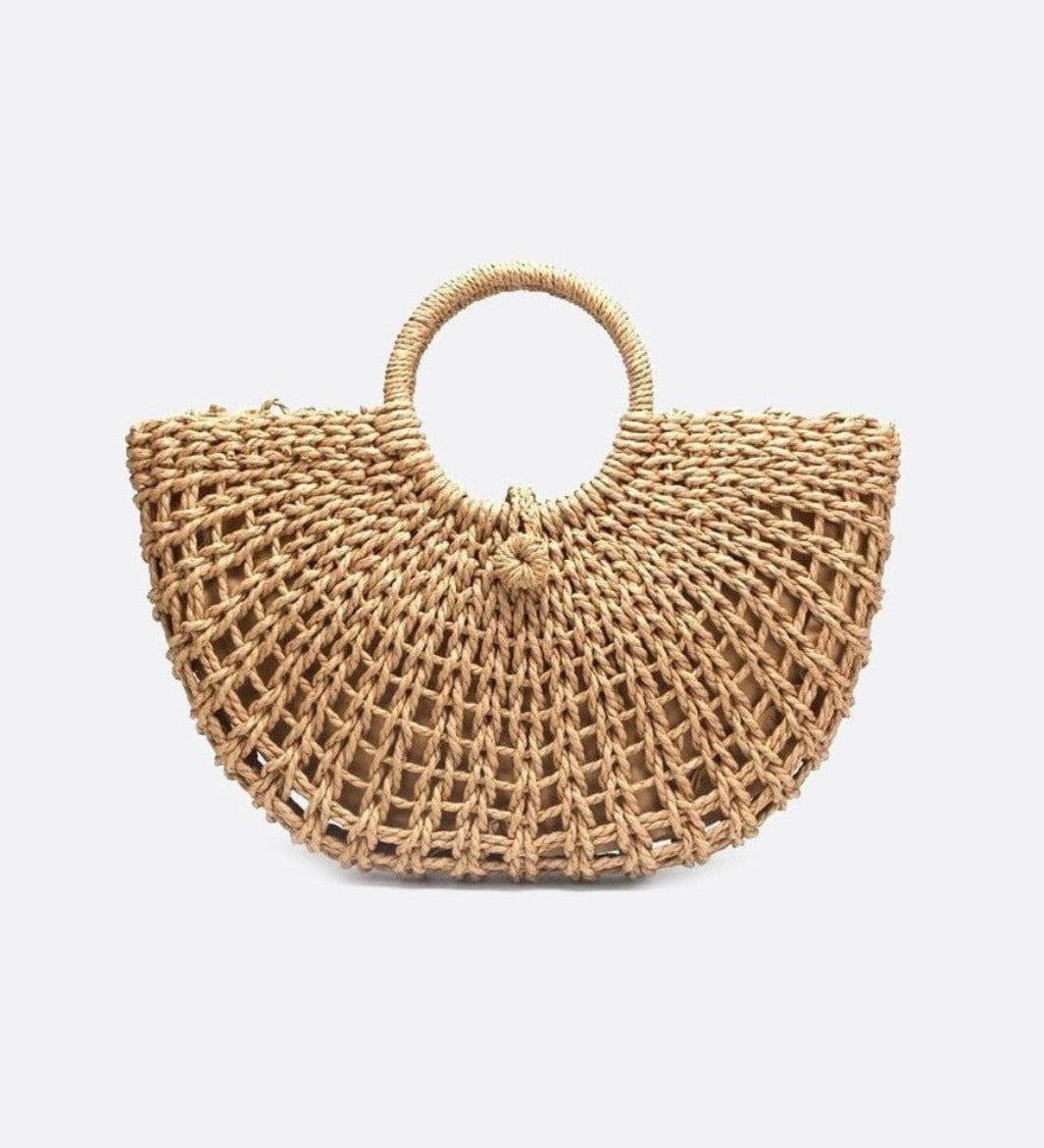Handwoven Fan - Shaped Tote Bag – Round Handle Beach Basket - in Light Brown | Arvea Bags