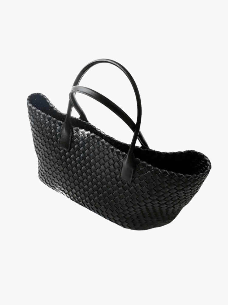 Handwoven Leather Tote Bag – Structured Genuine Leather Carryall with Top Handles - in Black | Arvea Bags