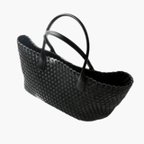 Handwoven Leather Tote Bag – Structured Genuine Leather Carryall with Top Handles - in Black | Arvea Bags