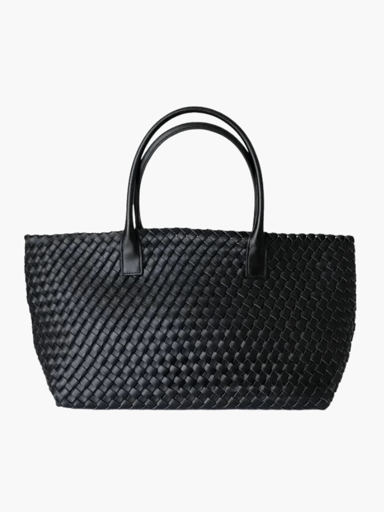 Handwoven Leather Tote Bag – Structured Genuine Leather Carryall with Top Handles - in Black | Arvea Bags