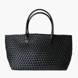 Handwoven Leather Tote Bag – Structured Genuine Leather Carryall with Top Handles - in Black | Arvea Bags
