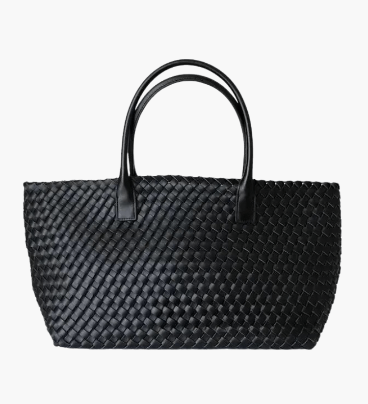 Handwoven Leather Tote Bag – Structured Genuine Leather Carryall with Top Handles - in Black | Arvea Bags