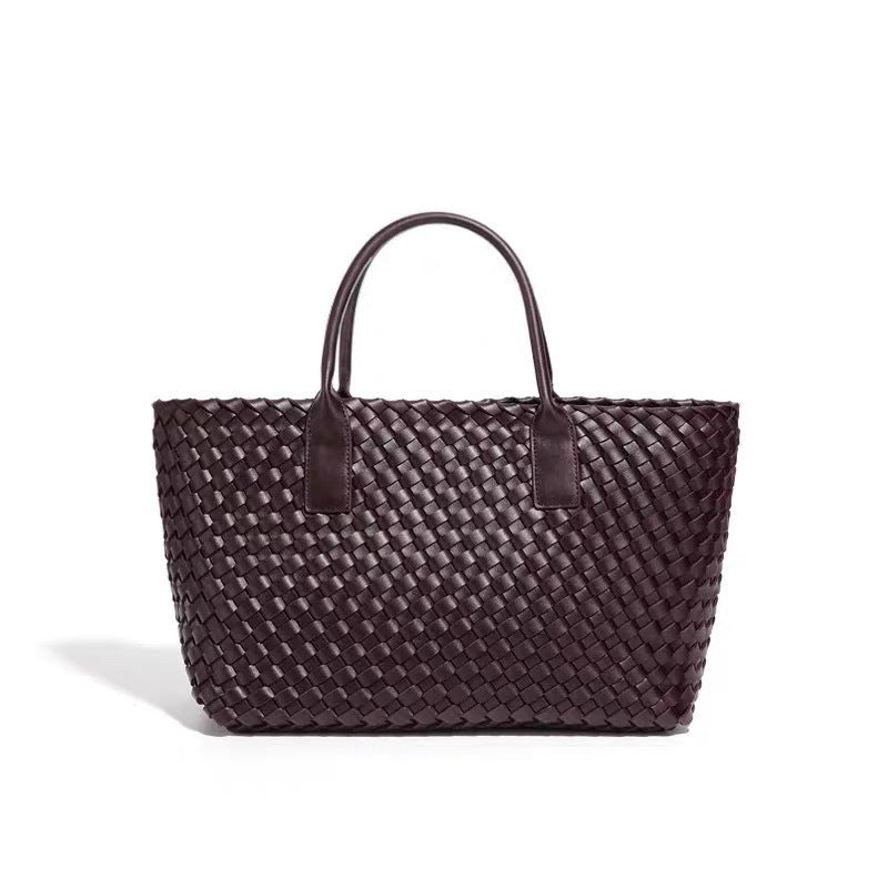 Handwoven Leather Tote Bag – Structured Genuine Leather Carryall with Top Handles - in Espresso Brown | Arvea Bags