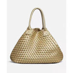 Handwoven Leather Tote Bag – Structured Genuine Leather Carryall with Top Handles - in Gold | Arvea Bags