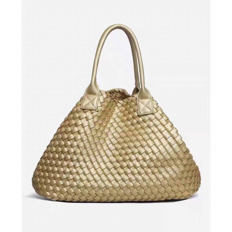 Handwoven Leather Tote Bag – Structured Genuine Leather Carryall with Top Handles - in Gold | Arvea Bags