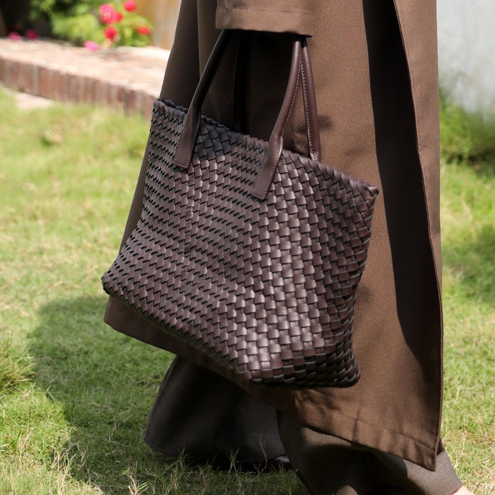 Handwoven Leather Tote Bag – Structured Genuine Leather Carryall with Top Handles - in White | Arvea Bags