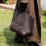 Handwoven Leather Tote Bag – Structured Genuine Leather Carryall with Top Handles - in White | Arvea Bags