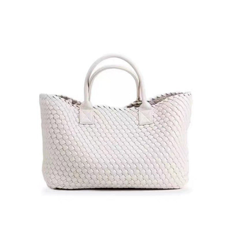 Handwoven Leather Tote Bag – Structured Genuine Leather Carryall with Top Handles - in White | Arvea Bags
