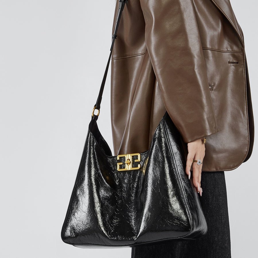Isla | Glossy Black Leather Shoulder Bag – Timeless Elegance & Modern Chic - in Black | Arvea Bags