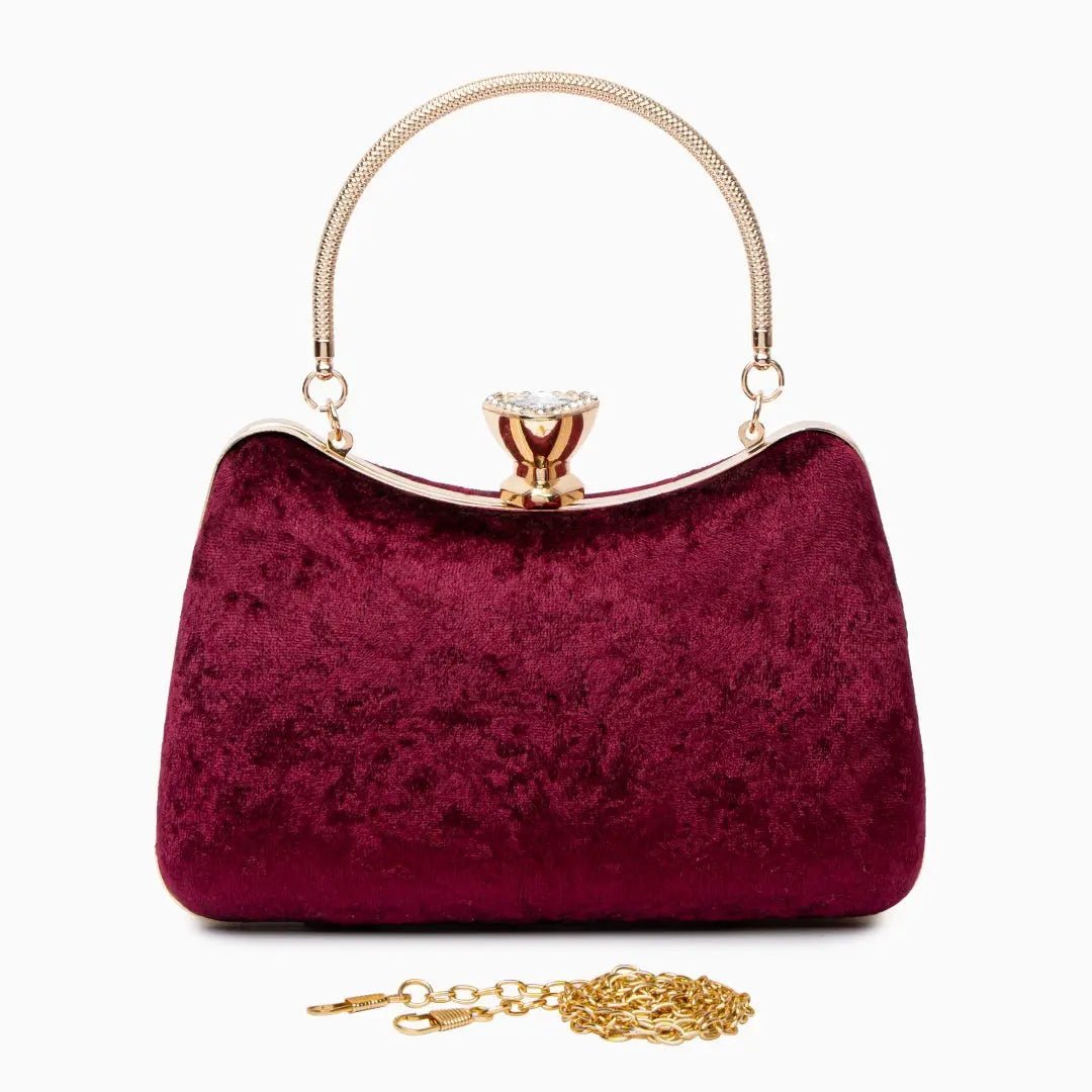 Isla | Velvet & Crystal Handle Evening Clutch – Regal Charm - in Burgundy | Arvea Bags