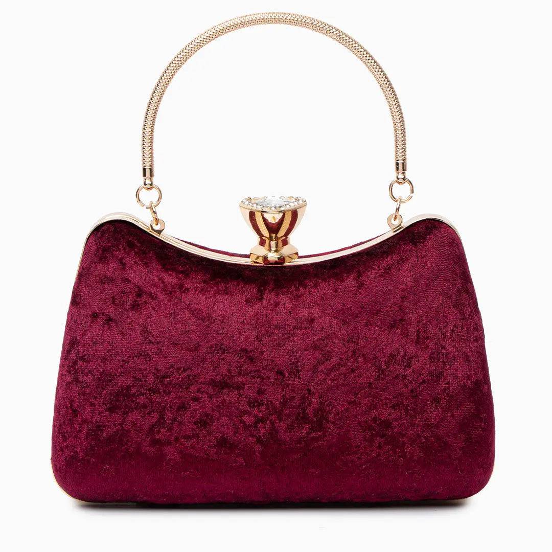 Isla | Velvet & Crystal Handle Evening Clutch – Regal Charm - in Burgundy | Arvea Bags