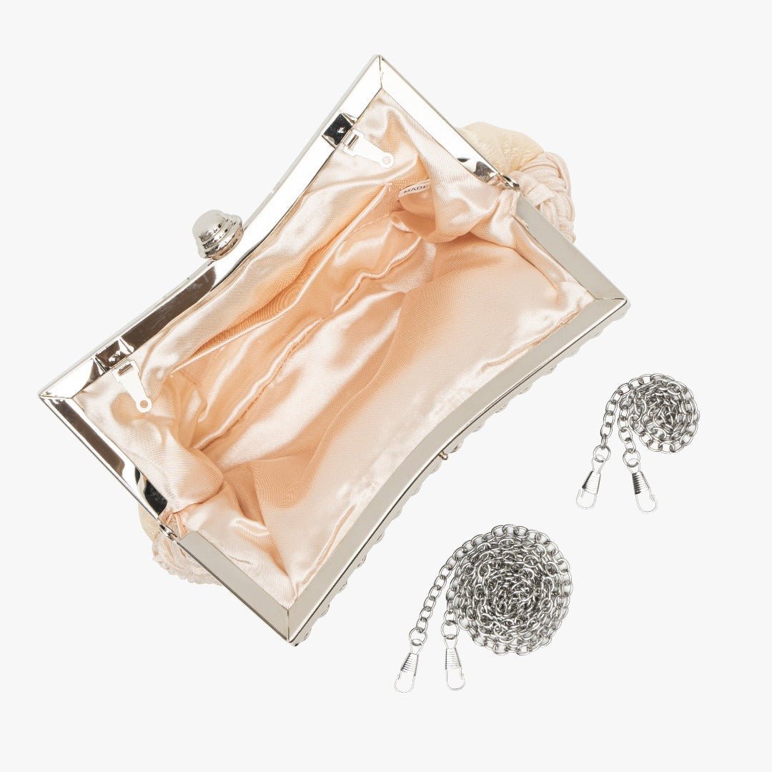 Ismirae | Woven Satin & Crystal Evening Clutch – Bold Elegance - in Beige | Arvea Bags