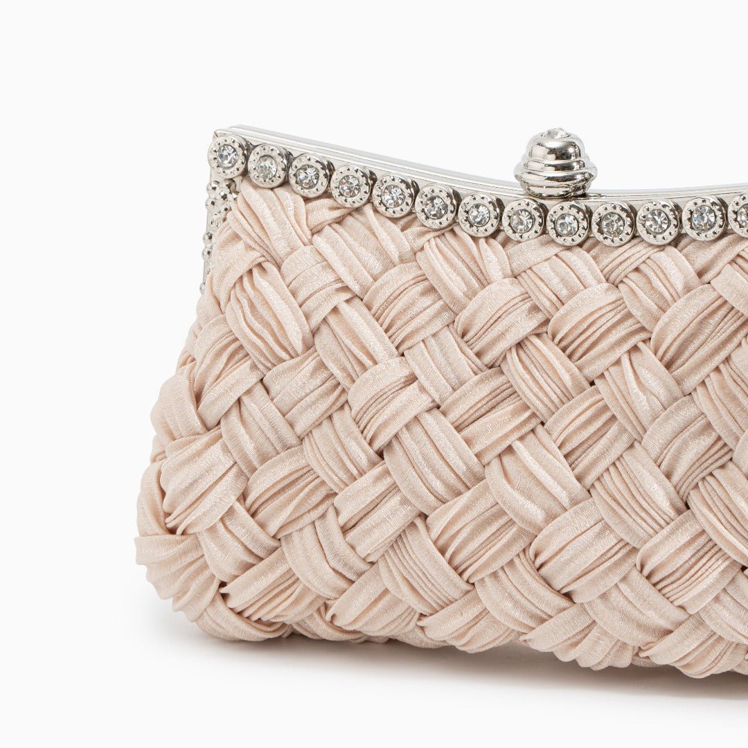 Ismirae | Woven Satin & Crystal Evening Clutch – Bold Elegance - in Beige | Arvea Bags