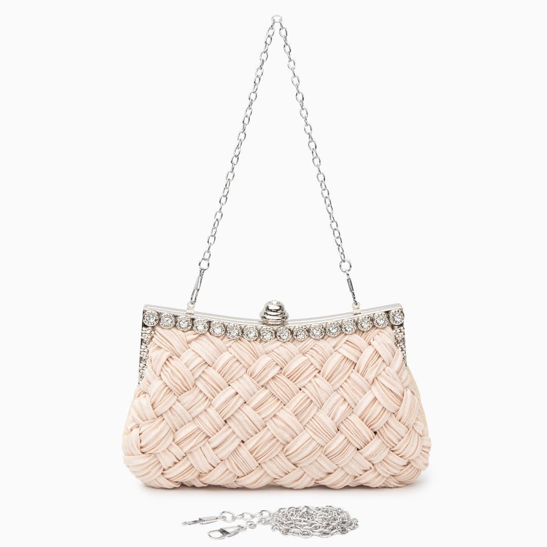 Ismirae | Woven Satin & Crystal Evening Clutch – Bold Elegance - in Beige | Arvea Bags