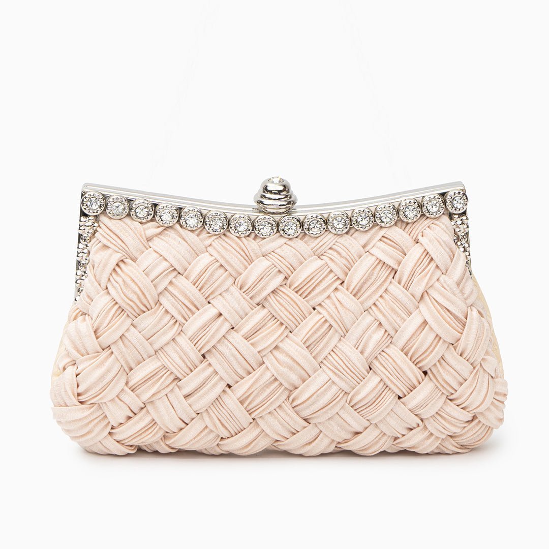 Ismirae | Woven Satin & Crystal Evening Clutch – Bold Elegance - in Beige | Arvea Bags