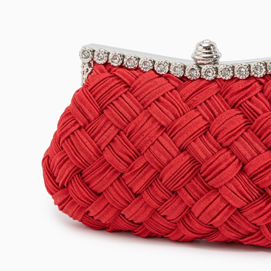 Ismirae | Woven Satin & Crystal Evening Clutch – Bold Elegance - in Red | Arvea Bags