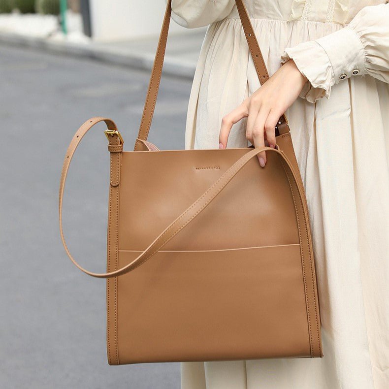 Klara | Genuine Leather Tote Bag – Minimalist Shoulder Handbag for Women - in Caramel | Arvea Bags
