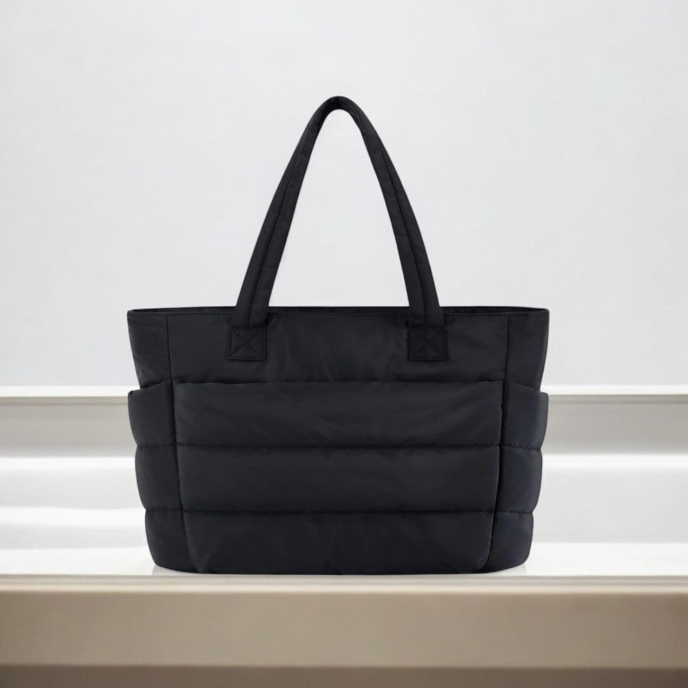Large black padded puffer tote – stylish quilted handbag with top handles - in Black | Arvea Bags