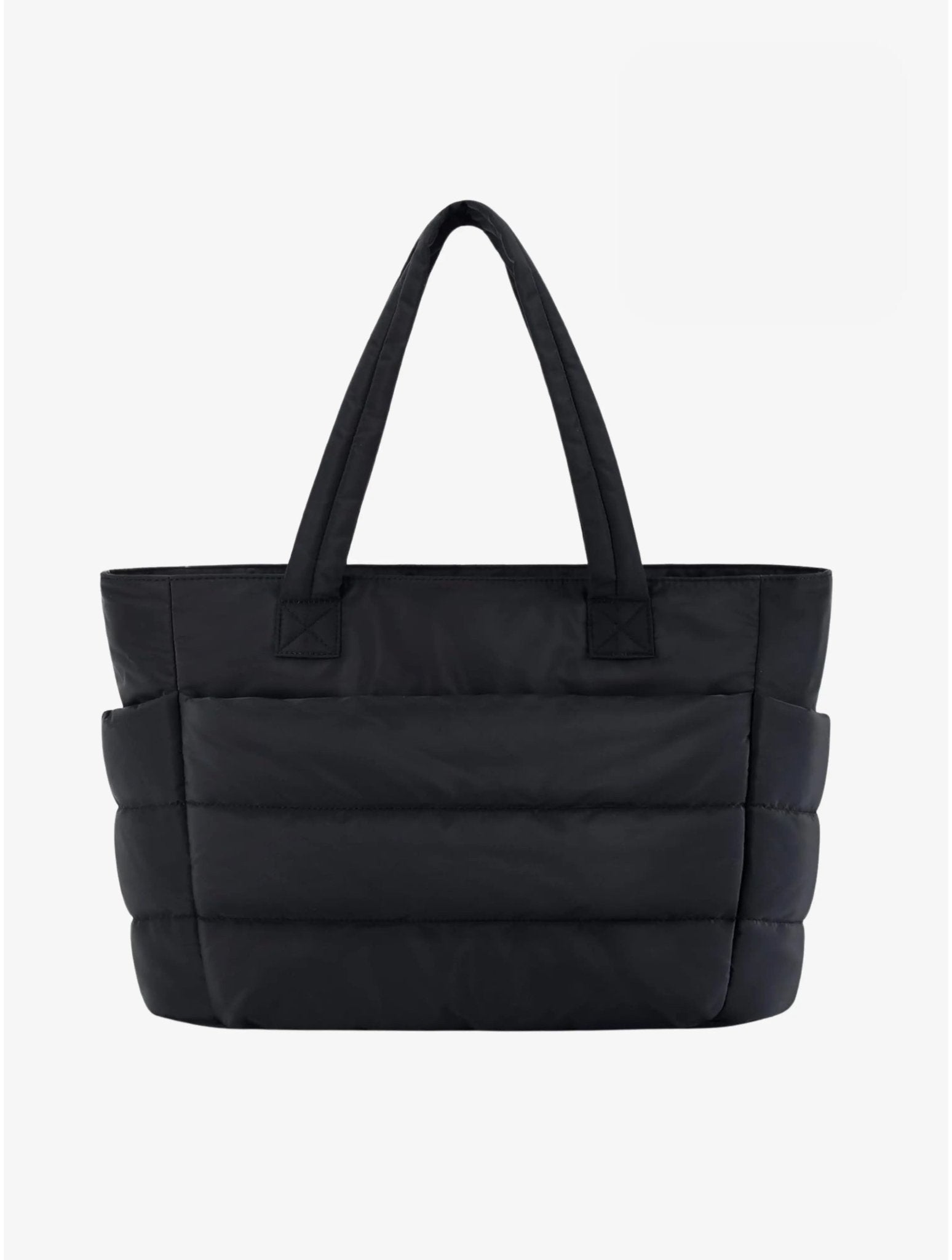 Large black padded puffer tote – stylish quilted handbag with top handles - in Black | Arvea Bags