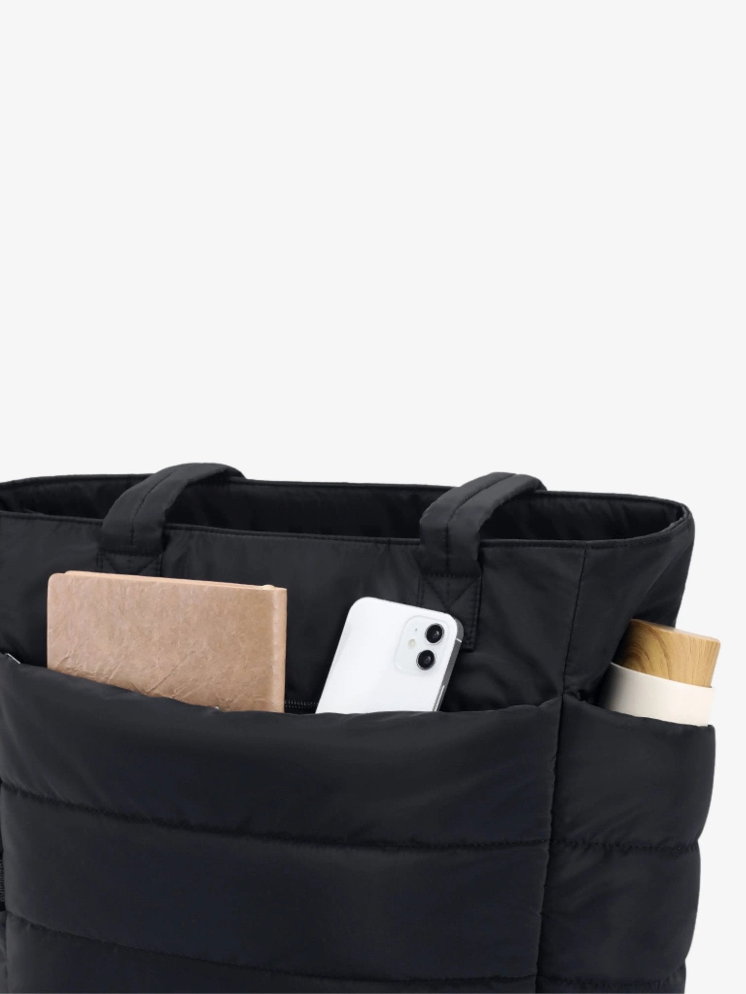 Large black padded puffer tote – stylish quilted handbag with top handles - in Black | Arvea Bags