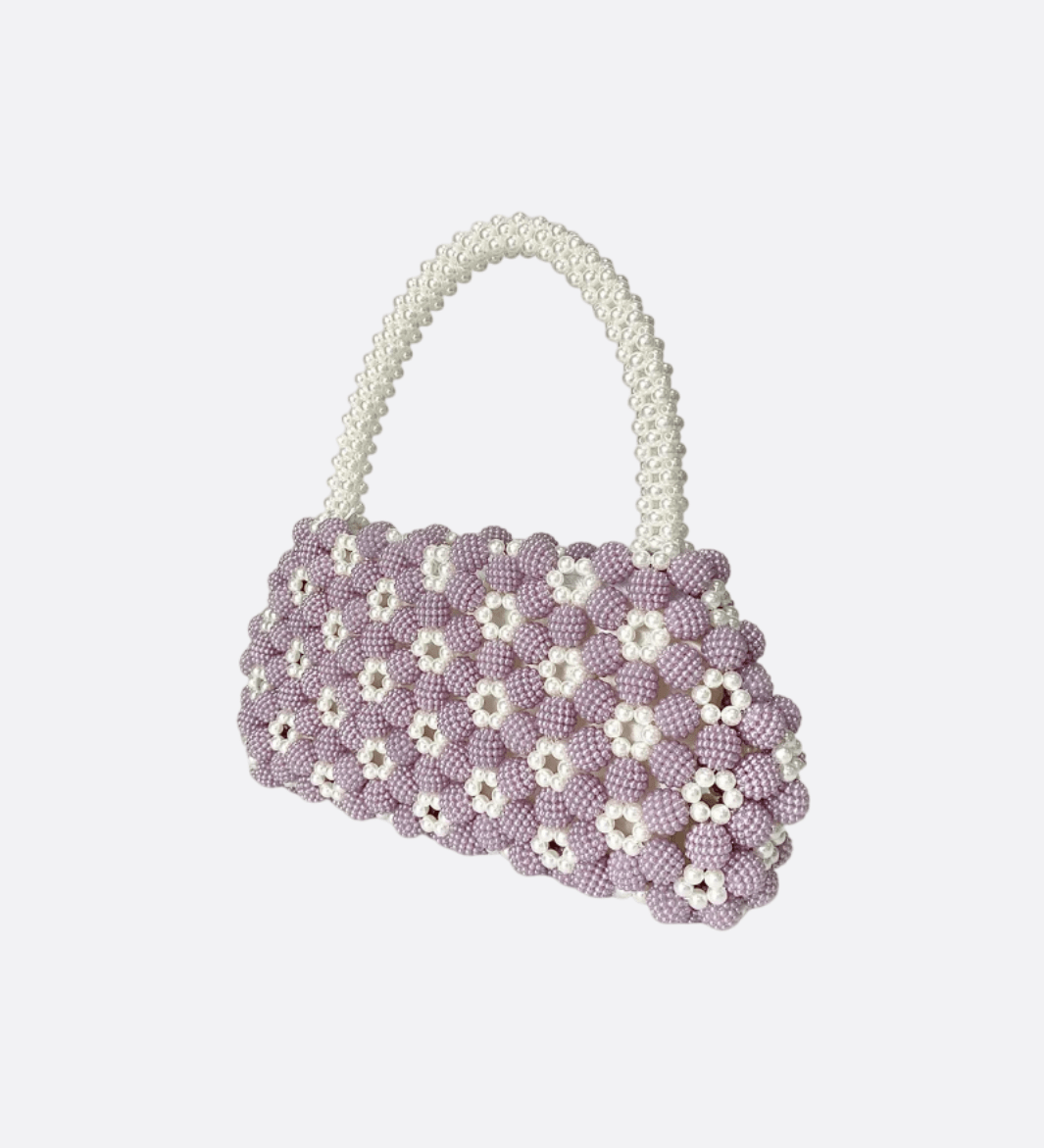 Lilac Beaded Flower Bag – Handcrafted Pastel Mini Purse - in Purple | Arvea Bags