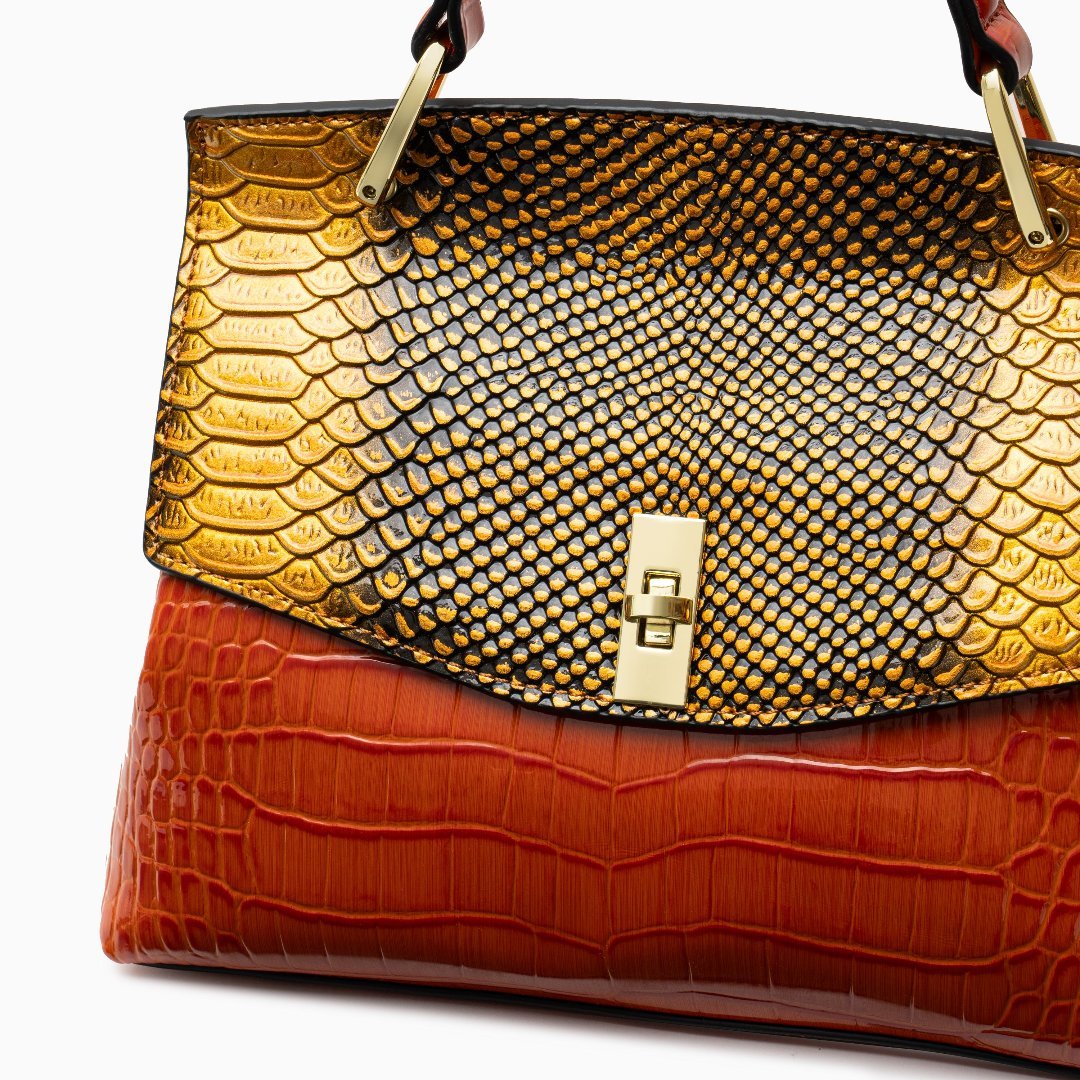 Lilly Iridescent Python & Croc - Embossed Top Handle Bag – Luxury Statement Satchel for Women - in Orange | Arvea Bags