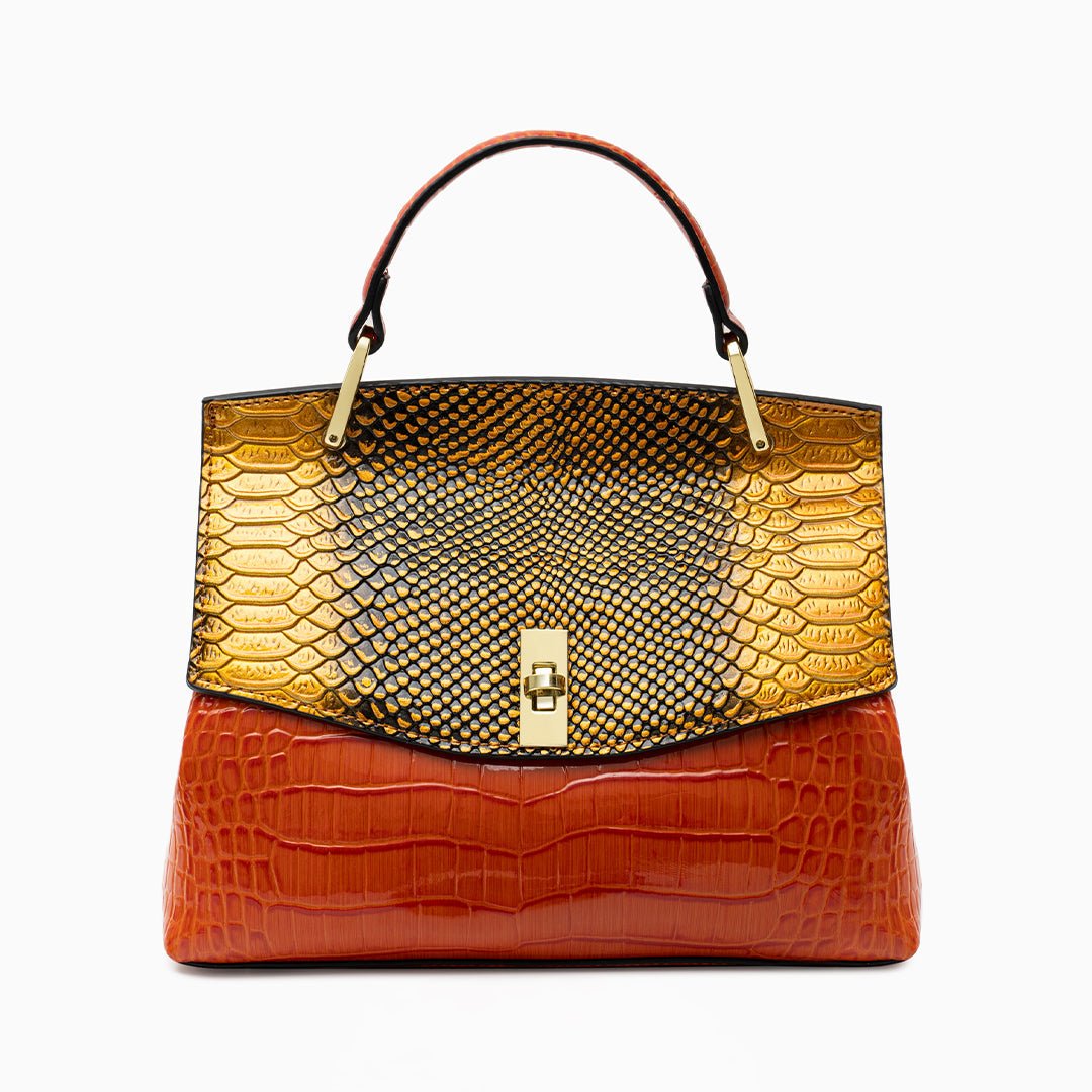 Lilly Iridescent Python & Croc - Embossed Top Handle Bag – Luxury Statement Satchel for Women - in Orange | Arvea Bags