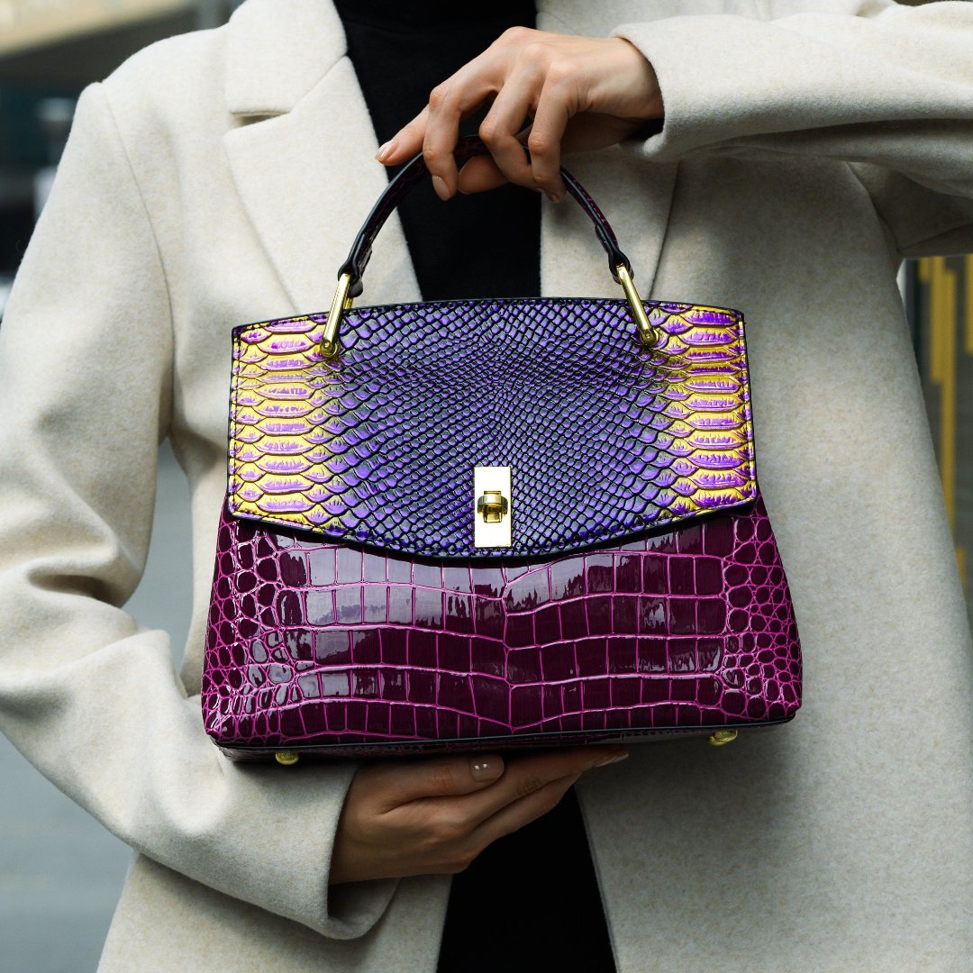 Lilly Iridescent Python & Croc - Embossed Top Handle Bag – Luxury Statement Satchel for Women - in Purple | Arvea Bags