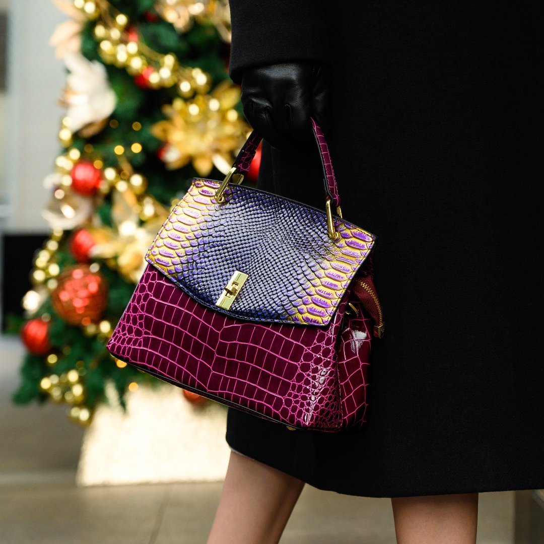 Lilly Iridescent Python & Croc - Embossed Top Handle Bag – Luxury Statement Satchel for Women - in Purple | Arvea Bags