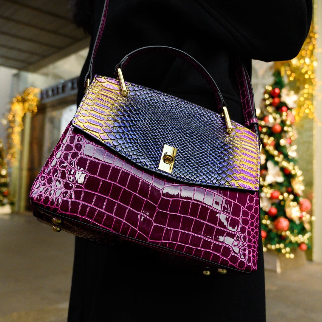 Lilly Iridescent Python & Croc - Embossed Top Handle Bag – Luxury Statement Satchel for Women - in Purple | Arvea Bags
