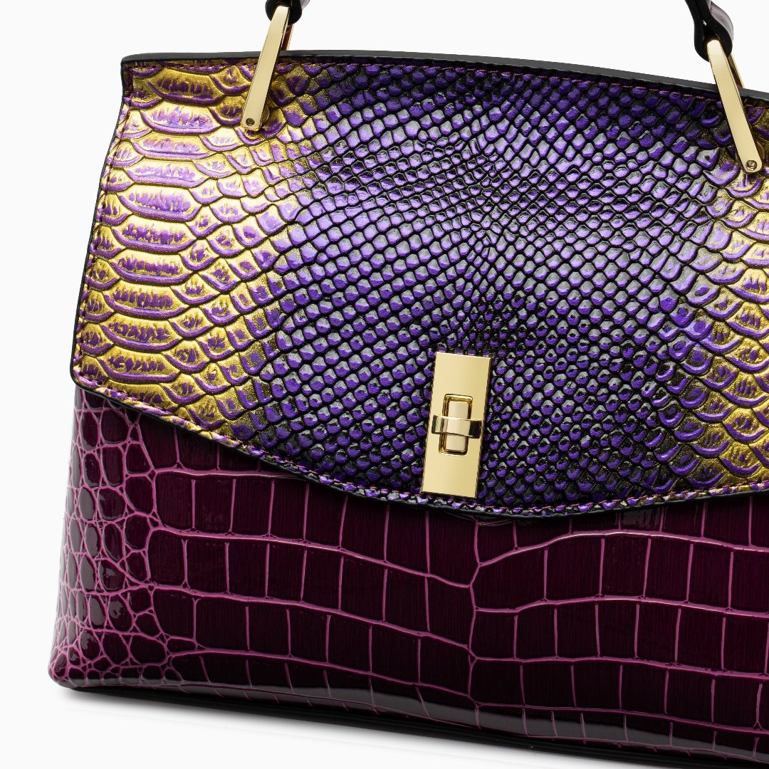 Lilly Iridescent Python & Croc - Embossed Top Handle Bag – Luxury Statement Satchel for Women - in Purple | Arvea Bags