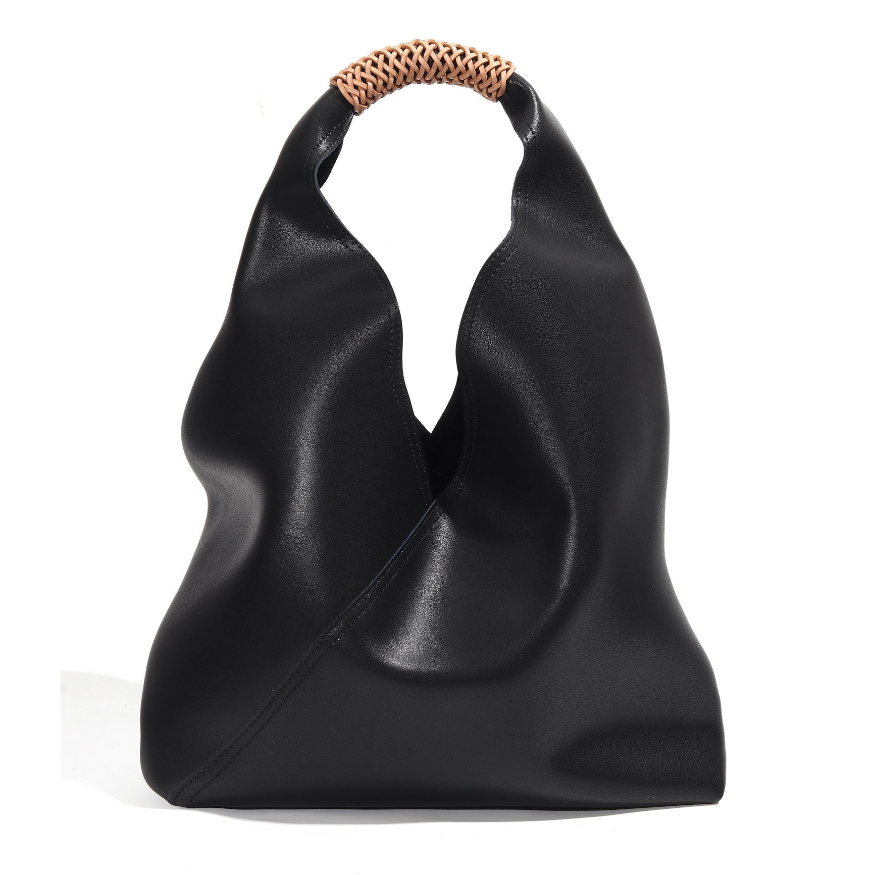 Lilly | Slouchy Shoulder Bag – Sculpted Vegan Leather Hobo with Woven Handle - in Black | Arvea Bags
