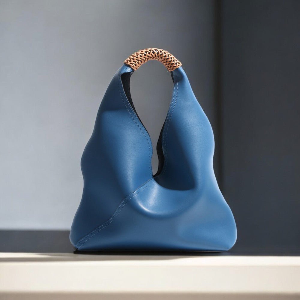 Lilly | Slouchy Shoulder Bag – Sculpted Vegan Leather Hobo with Woven Handle - in Blue | Arvea Bags