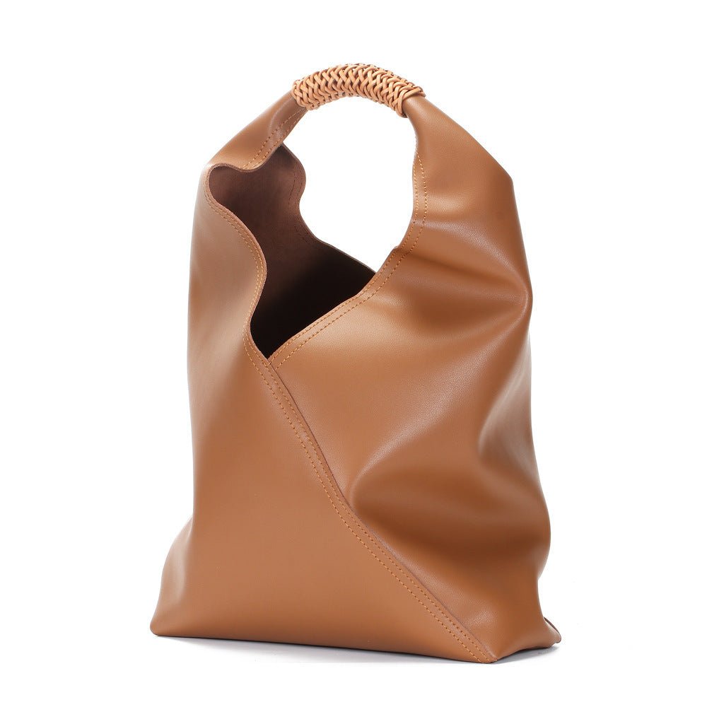 Lilly | Slouchy Shoulder Bag – Sculpted Vegan Leather Hobo with Woven Handle - in Caramel | Arvea Bags