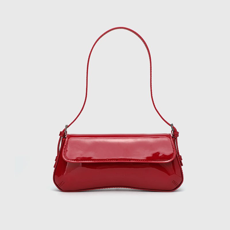 Lina | Glossy Vegan Leather Shoulder Bag – Sleek Flap & Retro Baguette Shape - in Red | Arvea Bags
