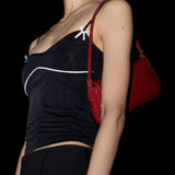 Lina | Glossy Vegan Leather Shoulder Bag – Sleek Flap & Retro Baguette Shape - in Red | Arvea Bags