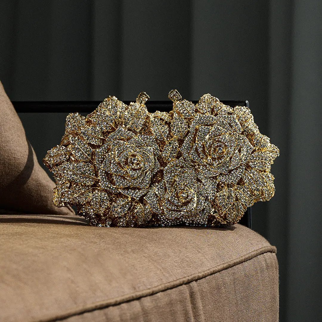 Lioris | Gold Rose Crystal Evening Clutch – Luxurious Bloom - in Gold | Arvea Bags