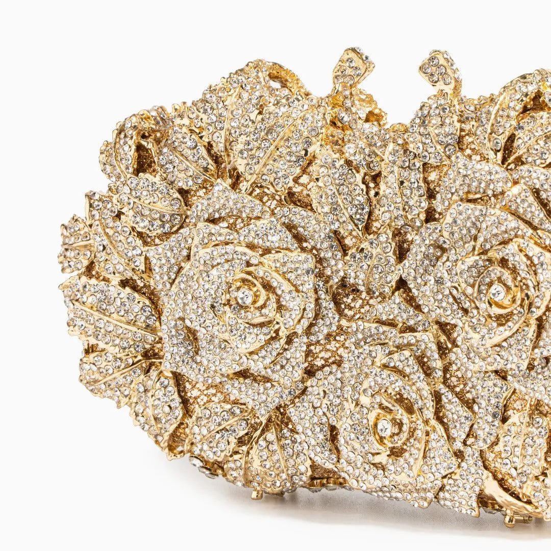 Lioris | Gold Rose Crystal Evening Clutch – Luxurious Bloom - in Gold | Arvea Bags