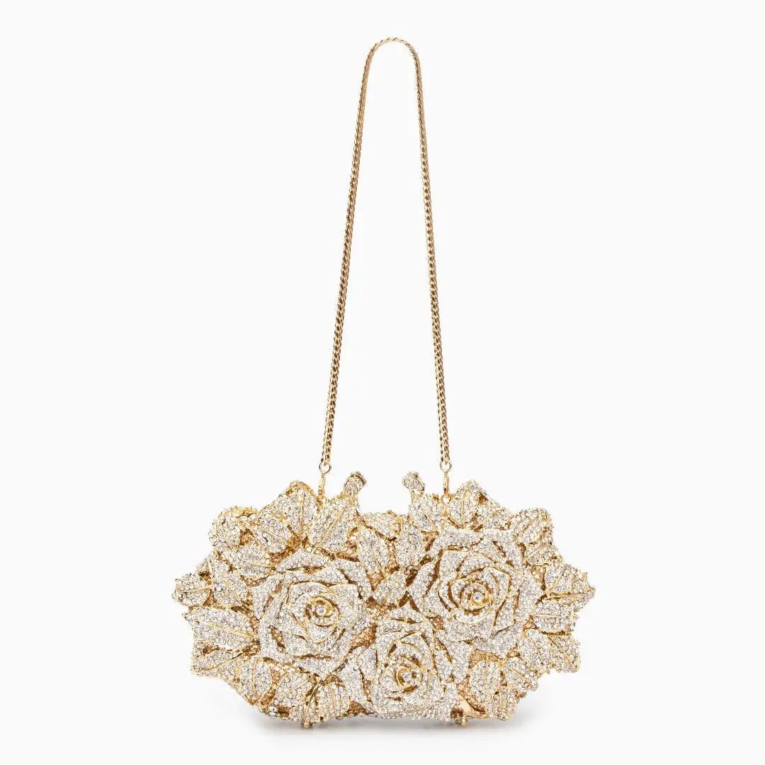 Lioris | Gold Rose Crystal Evening Clutch – Luxurious Bloom - in Gold | Arvea Bags